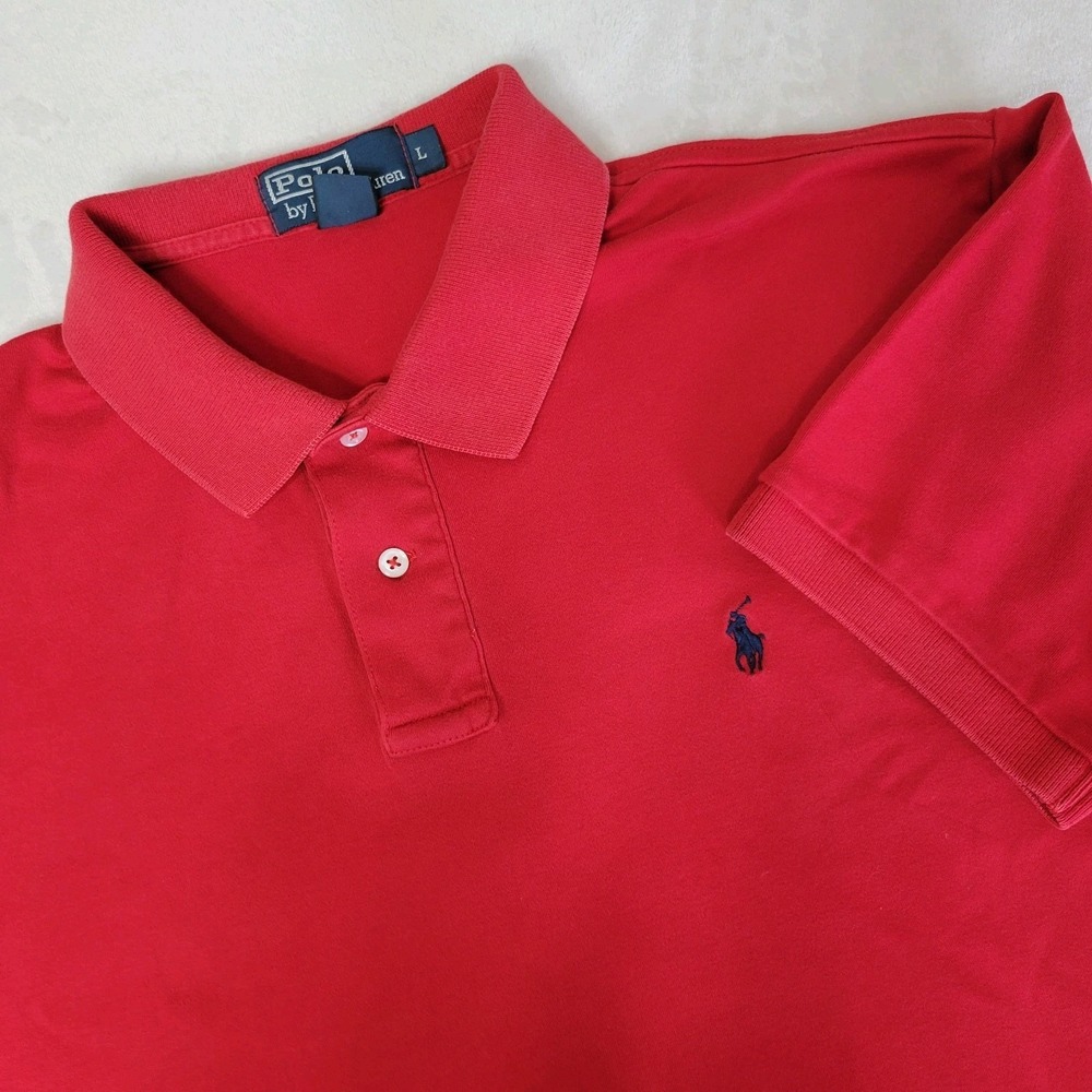 Polo Ralph Lauren Mens Large Red‎ Cotton Short Sleeve Golf Navy Pony Shirt Flaw